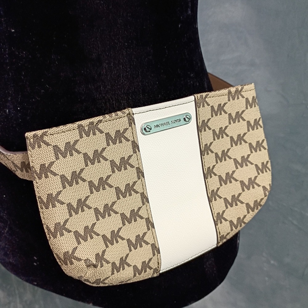Michael Kors MK Monogram Belt Bag Fanny Pack Beige White Stripe S/M